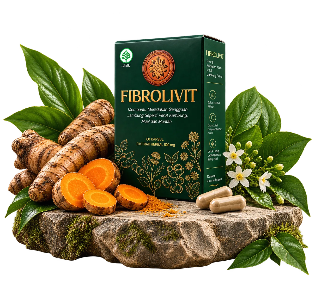 Kemasan Fibrolivit di antara rimpang Temulawak dan Daun Paliasa