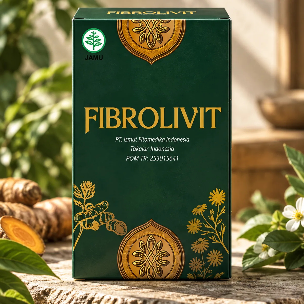 Dus Fibrolivit tampak belakang dengan nama produsen dan nomor izin edar POM TR253015641
